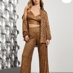 Like New Guess Sequin Button Down Long Sleeve Top+Matching Wide Leg Pants